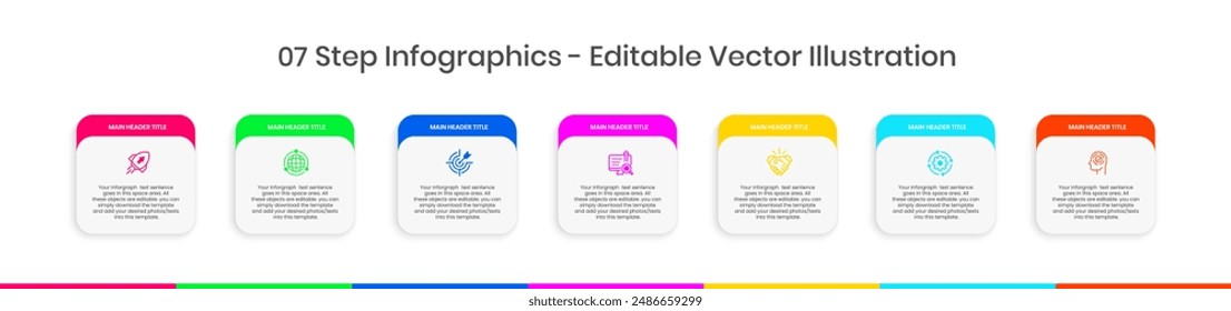 Multi colored colorful 7 Step Infographics Design Template editable layout,Graph, Pie chart, workflow layout, squire diagram, brochure, report, presentation, web design Editable Vector illustration
