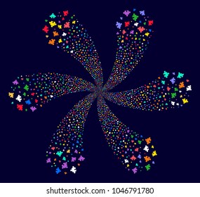Multi Colored Component cycle burst on a dark background. Psychedelic curl created from randomized component symbols.