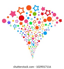 Multi Colored Confetti Stars explosion fountain. Object fountain made from random confetti stars pictographs as fireworks. Vector illustration style is flat iconic symbols with psychedelic colors.