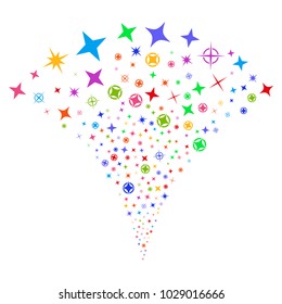 Multi Colored Confetti Stars stream fountain. Object fountain constructed from random confetti stars pictograms as fireworks. Vector illustration style is flat iconic symbols with psychedelic colors.