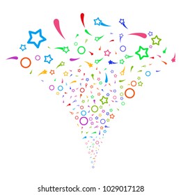 Multi Colored Confetti Stars stream fountain. Object fountain done from random confetti stars design elements as fireworks. Vector illustration style is flat iconic symbols with psychedelic colors.