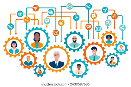 Multi colored connected gears. Confident business people character avatar in gear wheel. Teamwork and communication concepts. People connecting through modern technology devices