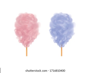  Dulces de algodón multicolores sobre un bastón de madera.Dulces para fiestas y niños. Icono vectorial 3d nubes azucaradas.