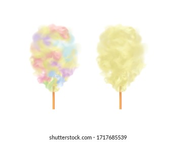  Dulces de algodón multicolores sobre un bastón de madera.Dulces para fiestas y niños. Icono vectorial 3d nubes azucaradas.