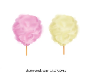  Dulces de algodón multicolores sobre un bastón de madera.Dulces para fiestas y niños. Icono vectorial 3d nubes azucaradas.