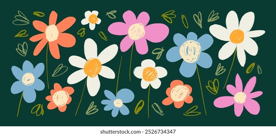 Multi colored crayon drawn chamomile and daisies collection. Hand drawn botanical doodles. Flower silhouettes with rough pencil strokes. Vector graphic retro illustration. Funky naive flowers.