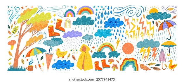 Multi colored crayon drawn childish icons. Clouds, rainy weather stickers, umbrellas, rainbow, forest elements. Naive funky symbols drawn by crayon, pencil or chalk. Cute cartoon illustration.