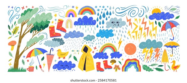 Multi colored crayon drawn childish icons. Clouds, rainy weather stickers, umbrellas, rainbow, forest elements. Naive funky symbols drawn by crayon, pencil or chalk. Cute cartoon illustration.