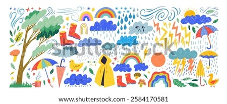 Multi colored crayon drawn childish icons. Clouds, rainy weather stickers, umbrellas, rainbow, forest elements. Naive funky symbols drawn by crayon, pencil or chalk. Cute cartoon illustration.
