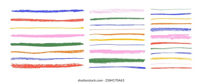 Multi colored crayon drawn underlines and straight strokes. Hand drawn doodle vector elements. Childish scribble pencil strokes. Pencil colored strips and rough highlighters isolated on white.