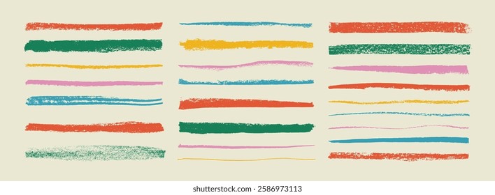 Multi colored crayon drawn underlines and straight strokes. Hand drawn doodle vector elements. Retro scribble pencil strokes. Pencil colored strips and rough highlighters isolated on white.