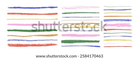 Multi colored crayon drawn underlines and straight strokes. Hand drawn doodle vector elements. Childish scribble pencil strokes. Pencil colored strips and rough highlighters isolated on white.