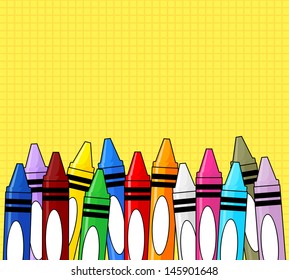 multi colored crayons frame on grid yellow background