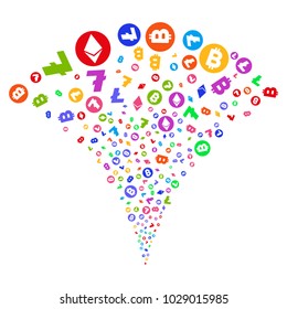 Multi Colored Cryptocurrency Symbols fireworks fountain. Object fountain done from random cryptocurrency symbols pictographs as fireworks.