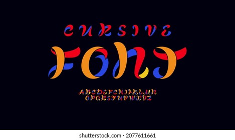 Multi colored cursive font, handwritten script alphabet, calligraphy cursive typeface, for your company name or designs logo, posters, invitations, cards, or print t-shirt, vector hand drawn typeface