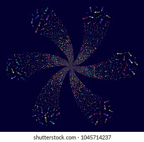 Multi Colored Curve Arrow twirl motion on a dark background. Suggestive flower created from randomized curve arrow items.