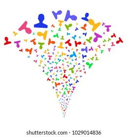 Multi Colored Customer exploding fountain. Object fountain created from random customer pictographs as fireworks. Vector illustration style is flat iconic symbols with psychedelic colors.