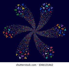 Multi Colored Death Skull curl fireworks on a dark background. Hypnotic spiral designed from scatter death skull items.