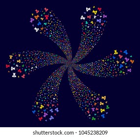 Multi Colored Devil exploding fireworks on a dark background. Hypnotic twirl done from scattered devil items.