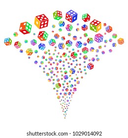 Multi Colored Dice burst fountain. Object fountain created from random dice symbols as fireworks. Vector illustration style is flat iconic symbols with psychedelic colors.