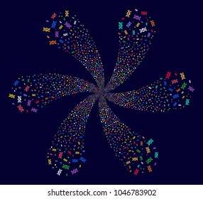 Multi Colored DNA Spiral explosion flower shape on a dark background. Suggestive centrifugal explosion done from random DNA spiral items.