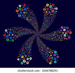 Multi Colored Dollar Coin centrifugal bang on a dark background. Impressive cluster created from scattered dollar coin items.