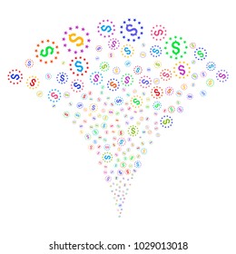 Multi Colored Dollar Stars festive fountain. Object fountain made from random dollar stars icons as fireworks. Vector illustration style is flat iconic symbols with psychedelic colors.