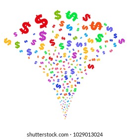 Multi Colored Dollar stream fountain. Object fountain made from random dollar design elements as fireworks. Vector illustration style is flat iconic symbols with psychedelic colors.