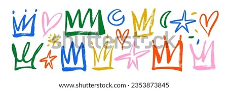 Multi colored doodle crowns, hearts, stars and moons in trendy childish style collection. Hand drawn doodle kid elements isolated on white background. Creative modern banner design. Brush drawn style.