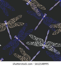 
Multi colored dragonflies on a dark background. Seamless vector pattern.