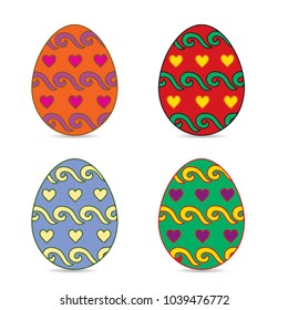 Multi Colored easter eggs decorated in pattern hearts, cartoon on white background, vector