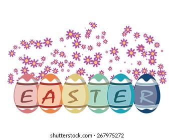 Multi colored Easter eggs with letters, word Easter on eggs.