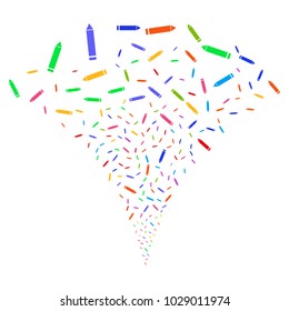 Multi Colored Edit Pencil explosion fountain. Object fountain created from random edit pencil pictograms as fireworks. Vector illustration style is flat iconic symbols with psychedelic colors.