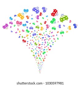 Multi Colored Emergency Car festive fountain. Object fountain combined from random emergency car symbols as fireworks. Vector illustration style is flat iconic symbols with psychedelic colors.