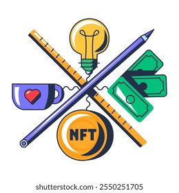 Multi colored everyday use of NFT technology. Digitization and sale of household items. Assigning token on mobile trading NFT platform. Futuristic cartoon outline vector isolated on white background