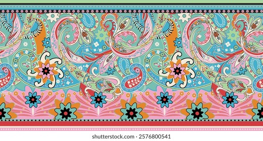 Multi Colored Festive Paisley Seamless Border Textile Pattern Design 