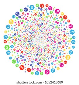 Multi Colored Finance carnival round cluster. Vector spheric cluster explosion designed from scatter finance items. Bright Vector illustration.