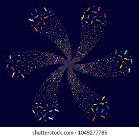 Multi Colored Firewood cycle fireworks on a dark background. Psychedelic cluster created from randomized firewood items.
