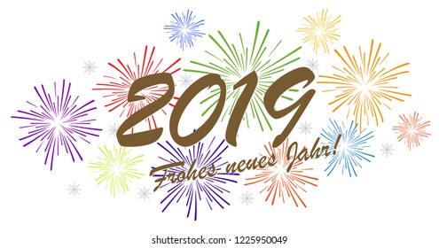 multi colored fireworks concept for New Year 2019 greetings (german text) with white background