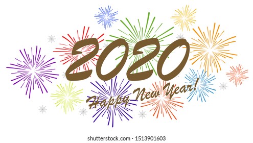 multi colored fireworks concept for New Year 2020 greetings with white background