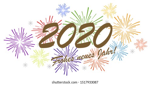 multi colored fireworks concept for New Year 2020 greetings (german text) with white background