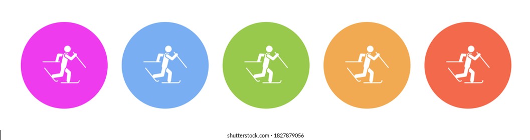 Multi colored flat icons on round backgrounds. Skier skiing multicolor circle vector icon