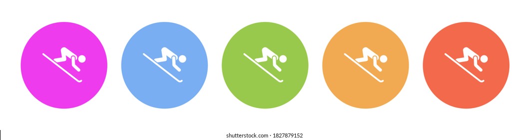 Multi colored flat icons on round backgrounds. Skiing silhouette multicolor circle vector icon