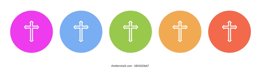 Iconos planos multicolores en fondos redondos. cruz, católico, icono vectorial de círculo de jesus multicolor
