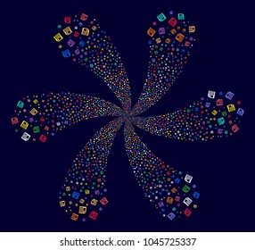 Multi Colored Floppy Disk cycle composition on a dark background. Suggestive centrifugal explosion designed from scatter floppy disk items.