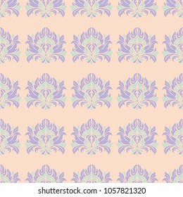 Multi colored floral seamless pattern. Beige background with violet and blue flower elements for wallpapers, textile and fabrics