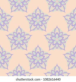 Multi colored floral seamless pattern. Beige background with violet and blue flower elements for wallpapers, textile and fabrics