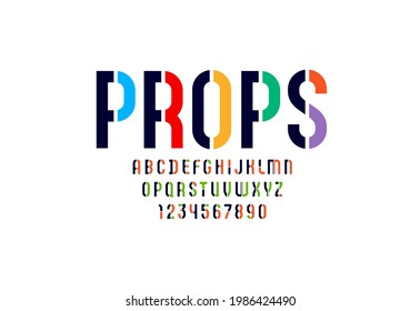 Multi colored font, stencil trendy alphabet, modern geometric modular letters and numbers, vector illustration 10EPS