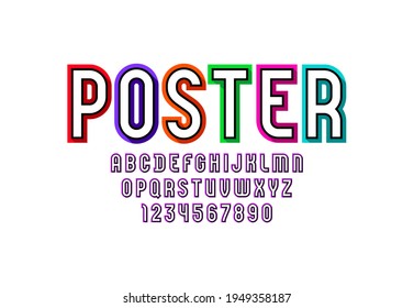 Multi colored font, trendy bright alphabet, condensed capital modern Latin letters from A to Z and Arab numbers from 0 to 9, vector illustration 10EPS