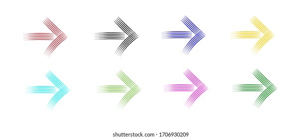 Multi colored forward or right pointing pen drawn arrow icon set sketched as vector symbol..	